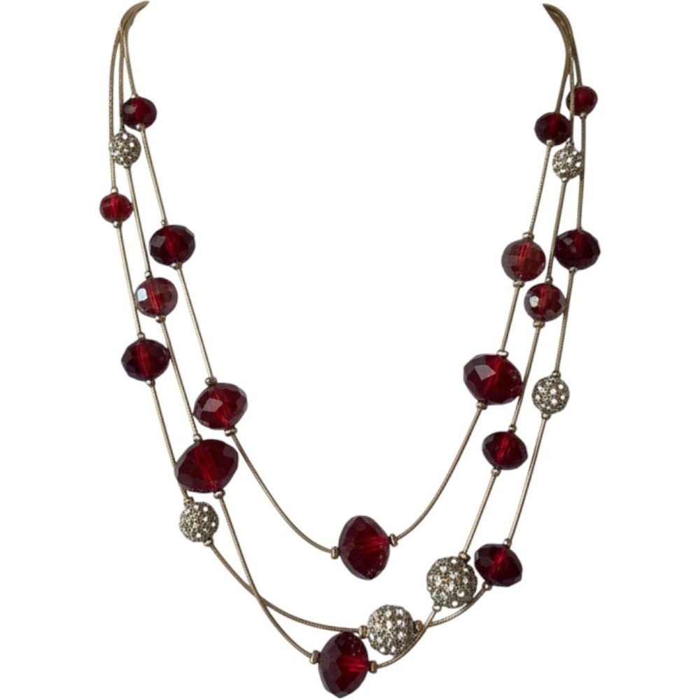 Nine West Multi Strand Necklace 18" Red Gold Tone Faceted Bead Crystal Pave Glam